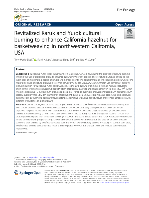 Revitalized Karuk and Yurok cultural burning to enhance California hazelnut for basketweaving in northwestern California, USA.pdf
