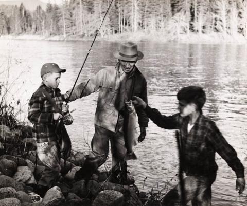 Dickie Simpson, Fred Wilder and LeRoy Wilder fishing on the Klamath River near Happy Camp, around 1955 